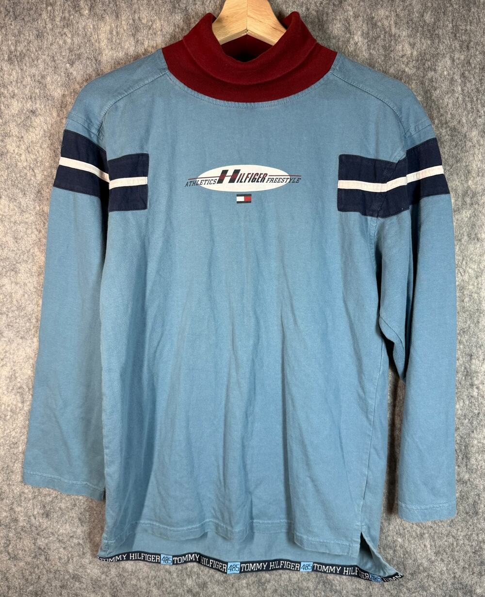 Vintage Y2K Mens Tommy Hilfiger Blue Red Large Turtleneck Sweater